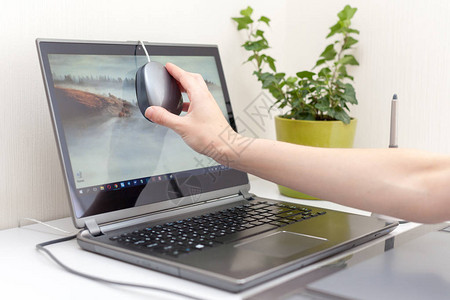 带有校准器或轮廓仪的工作区连接到笔记本电脑的显示屏以获得准确的颜色女手在显示器上安装校准图片