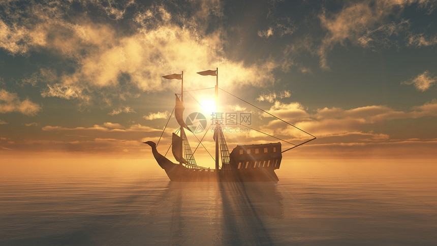海上夕阳下的旧船图片