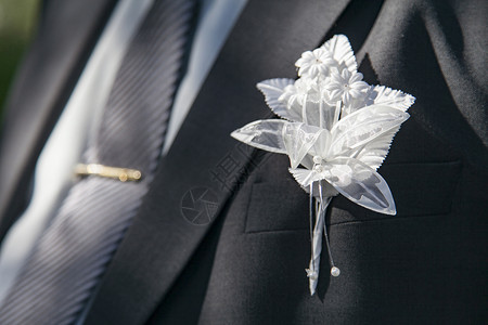 新郎和领带西装上的婚礼胸花背景图片