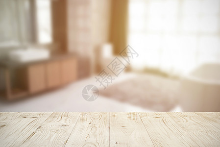 浴室内部背景模糊摘要上的空木板桌面图片