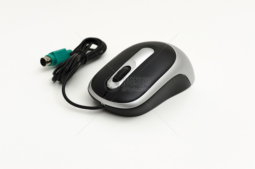 带有笔记本电脑或台式计算机滚动轮的黑银鼠标使用PS2样式套接字连接在白图片