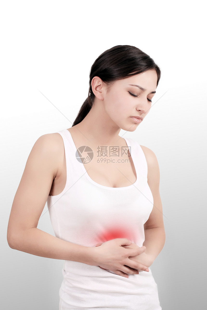 女疼痛美丽的女人身体感觉腹痛的特写身体健康的女孩胃痛图片
