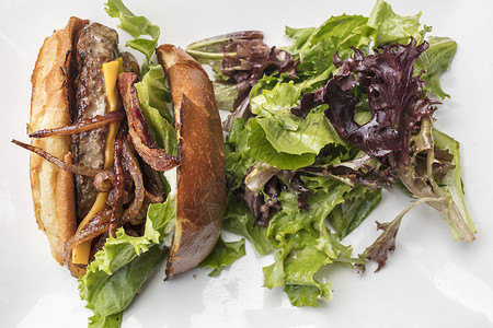 配洋葱培根生菜和芝士的碎肉汉堡包加白盘图片