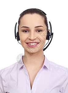 白色背景的耳机呼叫中心的美丽咨询员info图片