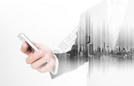 使用移动智能手机与曼谷市建筑物的双接触交易商白色背景图片