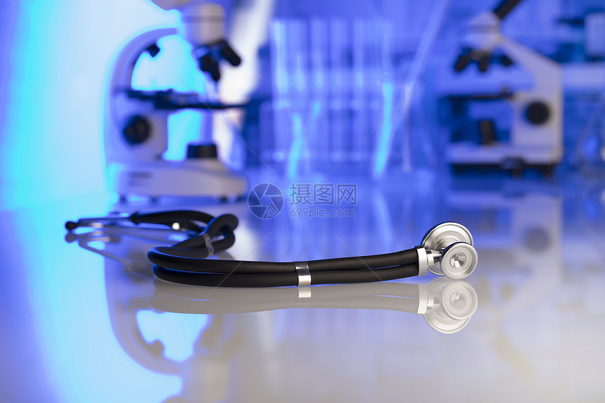 医疗保健医疗概念听诊器显微镜实验室背景实验室玻璃器皿蓝色背景图片