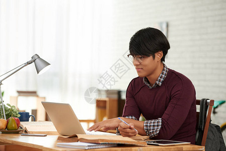 越南大学生在笔记本电脑上阅读图片