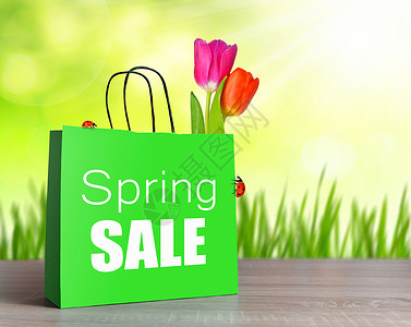 绿色购物袋配有春期销售单和餐桌图片