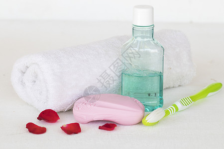 保健车口腔肥皂和毛巾用漱口牙刷白色图片