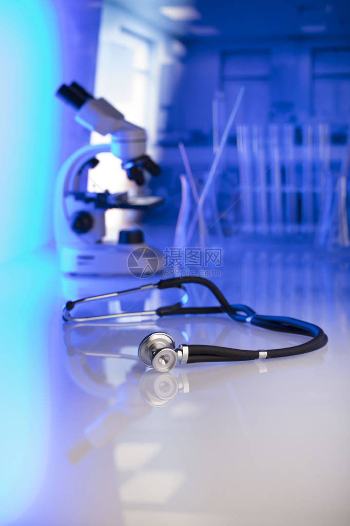 医疗保健医疗概念听诊器显微镜实验室背景实验室玻璃器图片