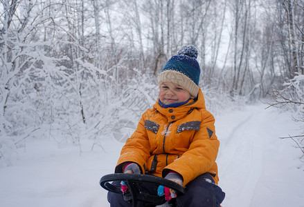 欧洲可爱男孩雪橇在冬图片