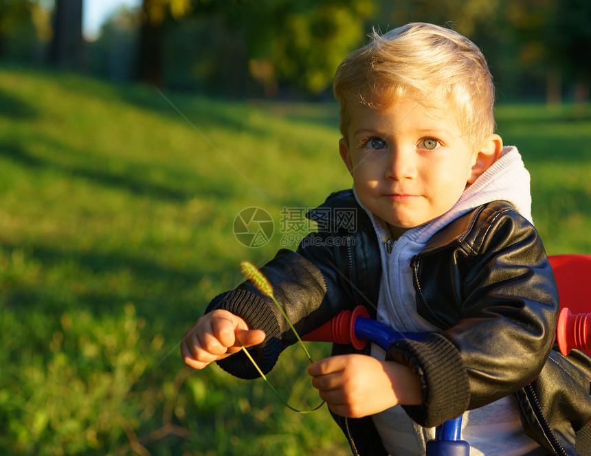 可爱的骄傲的男孩玩花在公园日与图片