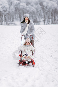 冬季公园里拉雪橇的女人图片
