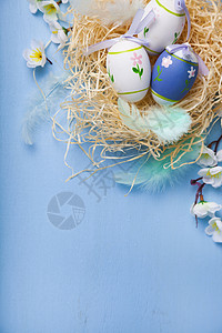 复活节彩蛋在巢中颜色木制背景与花巢羽毛和鸡蛋的图片