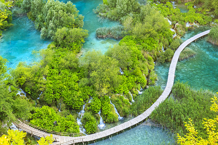 克罗地亚十六湖的森林树木景观蓝水湖上的步行道和瀑布的图片