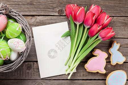 红郁金香花鸡蛋和复活节姜饼干复活节图片