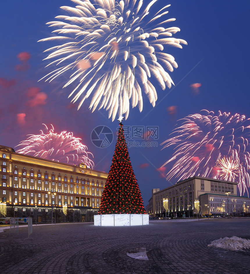 圣诞节新年节假日在俄罗斯莫科晚间Lubyanskaya卢比扬卡图片