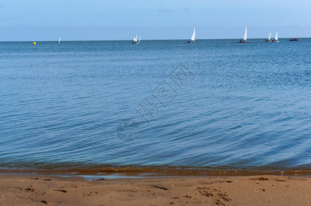 远处水上的中型游艇带白帆的赛艇图片