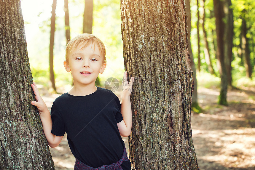 快乐的可爱男孩靠在树上在森林图片