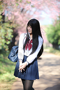 日本女学生身着樱花自然行道图片