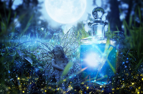 坐在夜林中的魔法小仙女形象图片