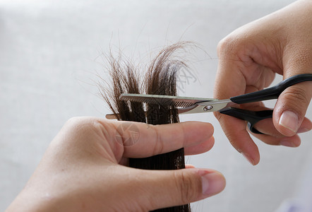特写美发师用剪刀修剪棕色头发图片