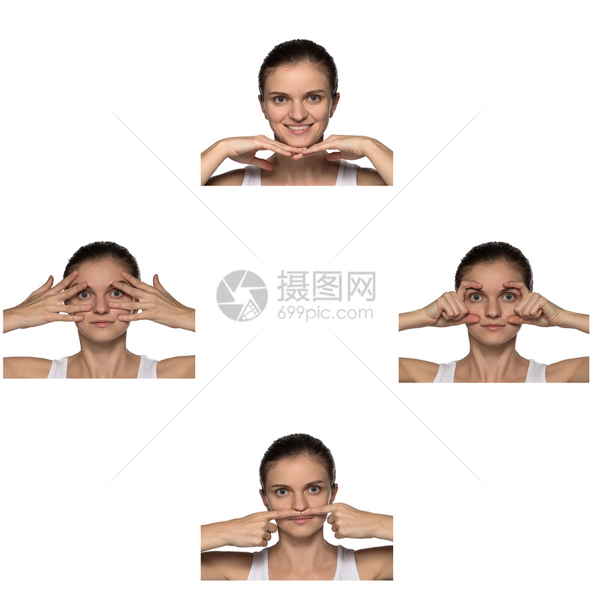 按摩瑜伽体操或脸部肌肉恢复活力的锻炼使女孩自己双手在白图片