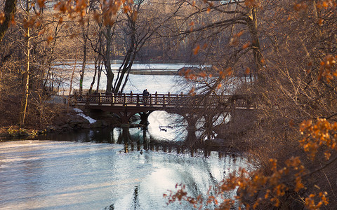 班公罗美国纽约市中央公园BankRock湾橡树桥的背景