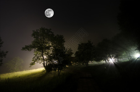 大满月的美丽夜晚风景在山路上登山丘和树木绿雾之夜图片