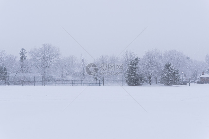 在一个公园的郊区学校田地冬季大雪下着一图片
