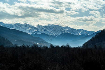 冬天的山脉和厚的冷杉树覆盖着雪戏剧天空下的针叶山地森林风景秀丽的图片