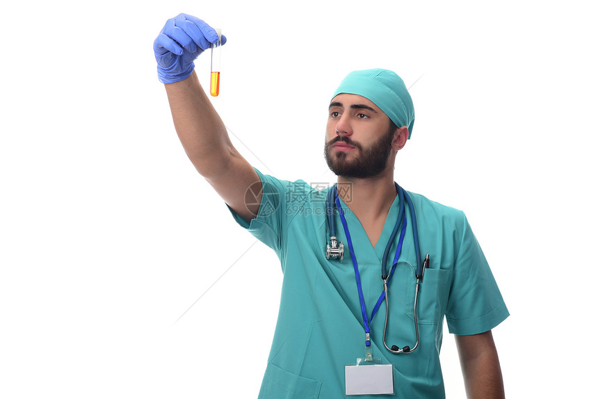 科学化学生物学医学和人的概念年轻男科学家在临床实验室拿着试管和液体制图片