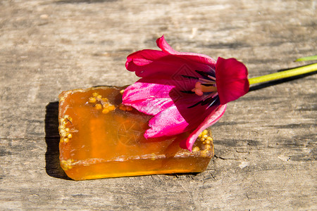 木质背景上的手工皂和红色郁金香花图片
