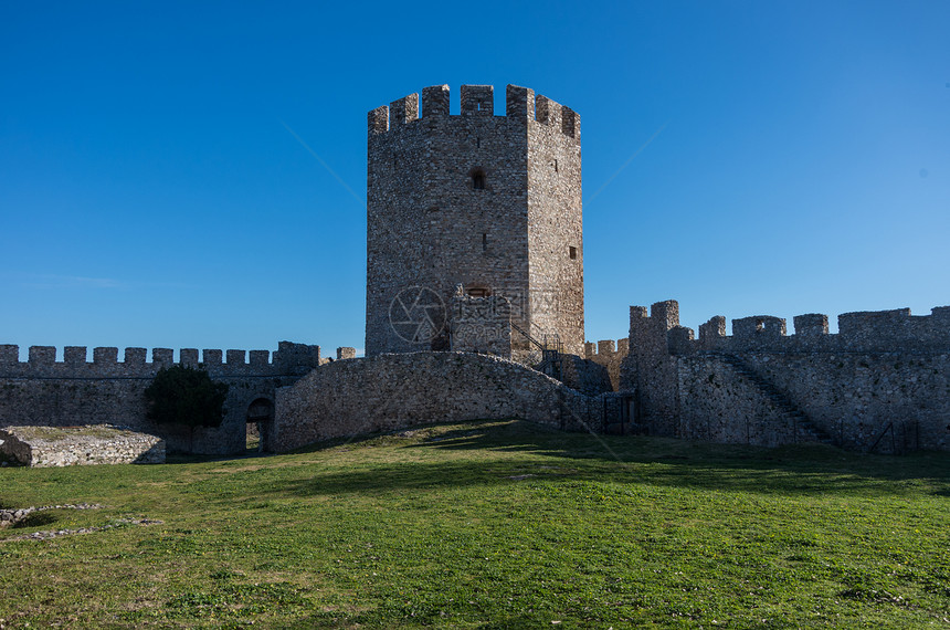 Platamonas中世纪城堡塔它是希腊北部的十字军城堡图片