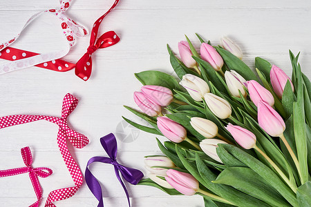 粉红色的郁金香花束和白色背景上的装饰带图片