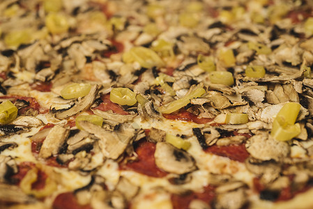 新鲜出炉的披萨配意大利辣香肠蘑菇和辣椒选择焦点图片