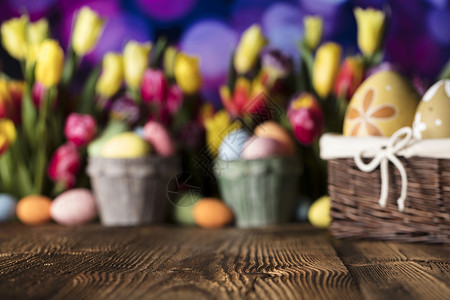 复活节主题复活节彩蛋五颜六色的郁金香质朴的木桌浅景图片