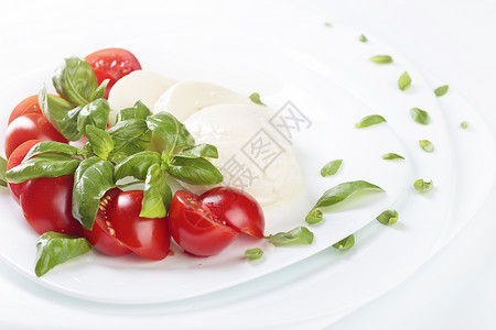 Mozzarella与西红柿和绿色烤肉放在白色盘子上健康图片