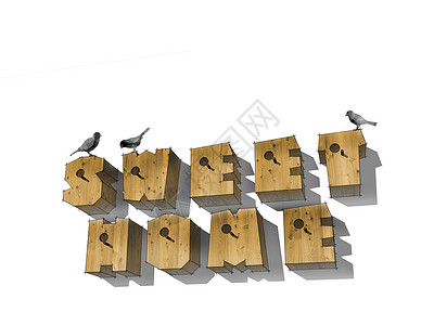 白色背景上的木制字母鸟舍词SWEETHOME木制背景图片