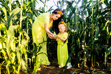 妈和女儿在玉米地中间穿着相同的黄色图片