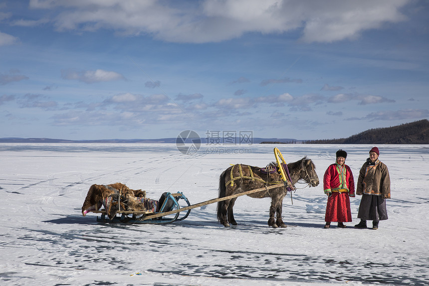 蒙古北部冷冻的Khovsgol湖上骑着马雪橇图片