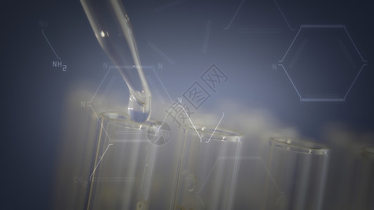实验室科学家用吸管分析和提取试管中的DNA或分子的特写在蓝色背景上图片