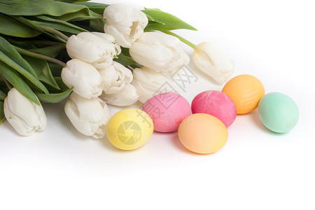 白郁金香和漆白的复活节鸡蛋图片