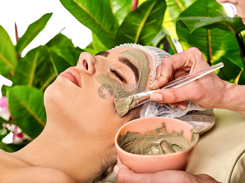 水疗沙龙中女人的泥面膜在治疗室用粘土全脸按摩去除皱纹在绿色植物背景下应用具有碗治疗图片