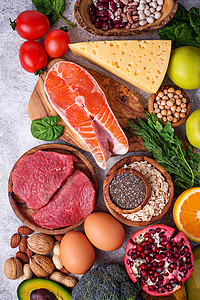健康食品和超级食品背景肉鱼豆类坚果种子蔬菜油和蔬菜顶图片