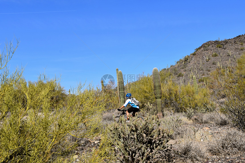 一名骑自行车的身份不明的男子在山地和沙漠环境中骑行图片