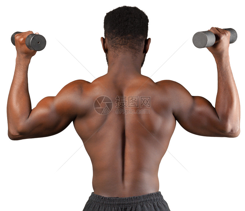 坚固和肌肉强壮的家伙有哑铃孤立图片