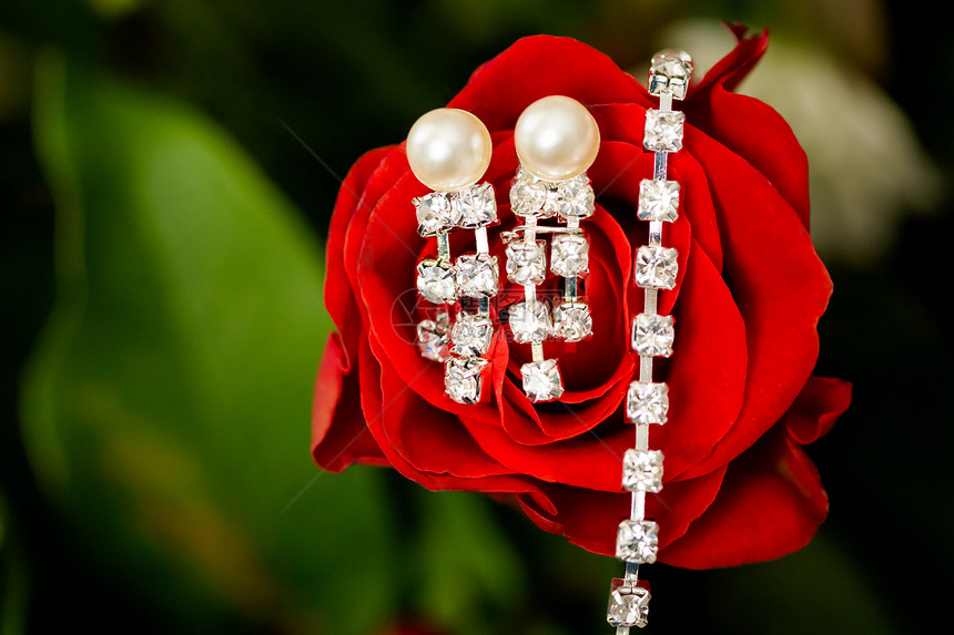 婚前新娘的美丽耳环和项链首饰浪漫细节图片