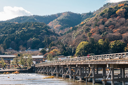 日本京都的Arashiyama秋天Mamale和Toget图片