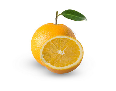 切开的橙子水果叶子被白色背景隔开背景图片